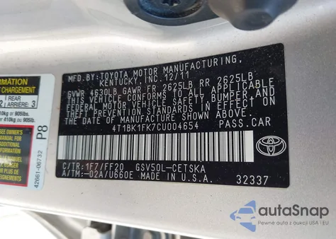2012 Toyota Camry Se V6 from USA, damaged, VIN 4T1BK1FK7CU004654